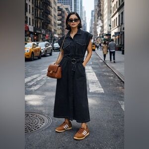 Free Assemble Blue Utility Dress Button Down Cap Sleeve Midi Minimalist Modern M